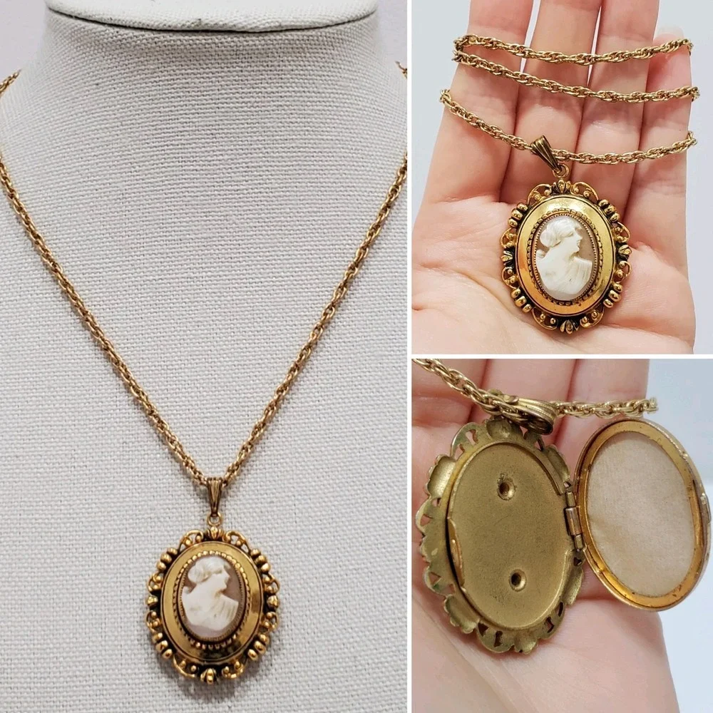 Vintage Beige & White Oval Cameo Locket Gold Tone Chain Victorian Style Necklace